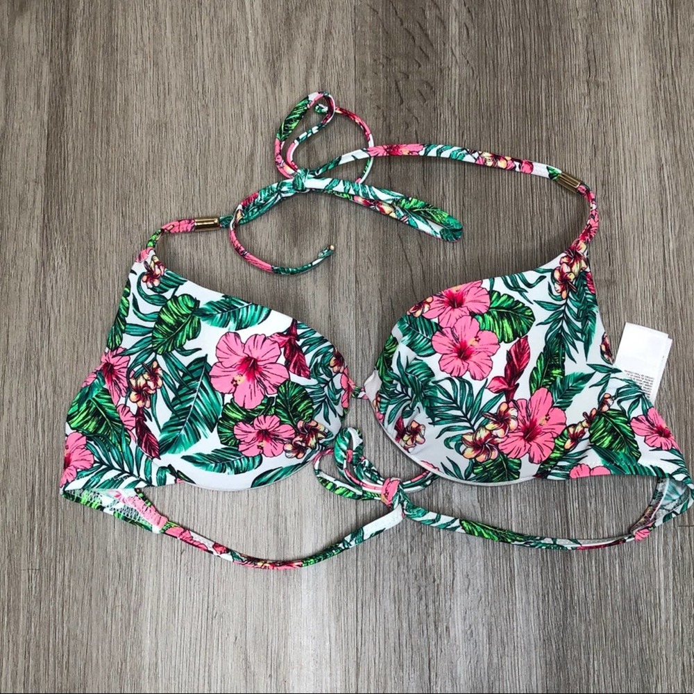 Topshop Women's Pink Multi Floral Underwire Halter Tie Back Bikini Swim Top sz 6 - Picture 1 of 2